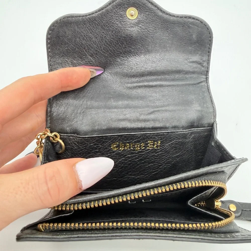 Juicy Couture McBling Y2K Black Leather Rhinestone Crown Heart Key Ring Wallet